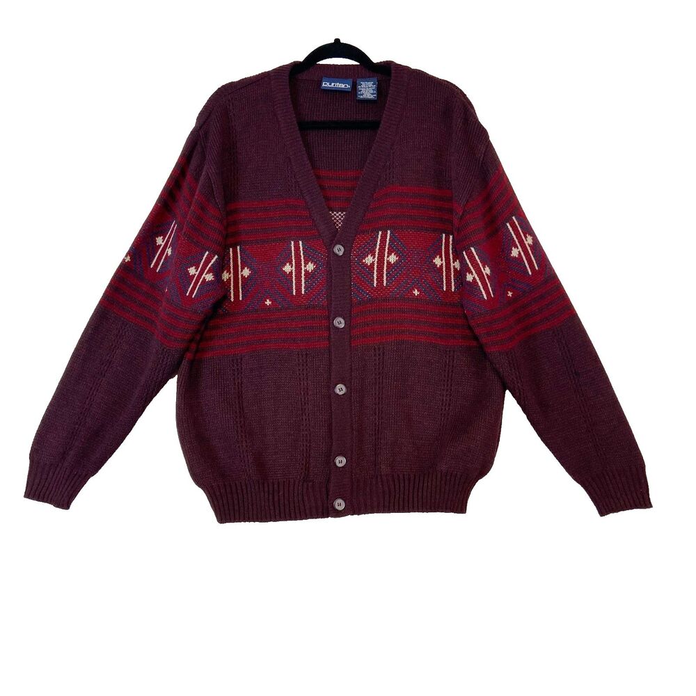 VTG Purtian Grandpa Cardigan‎ Sweater Men's Sz M Maroon Red Grunge Geometric